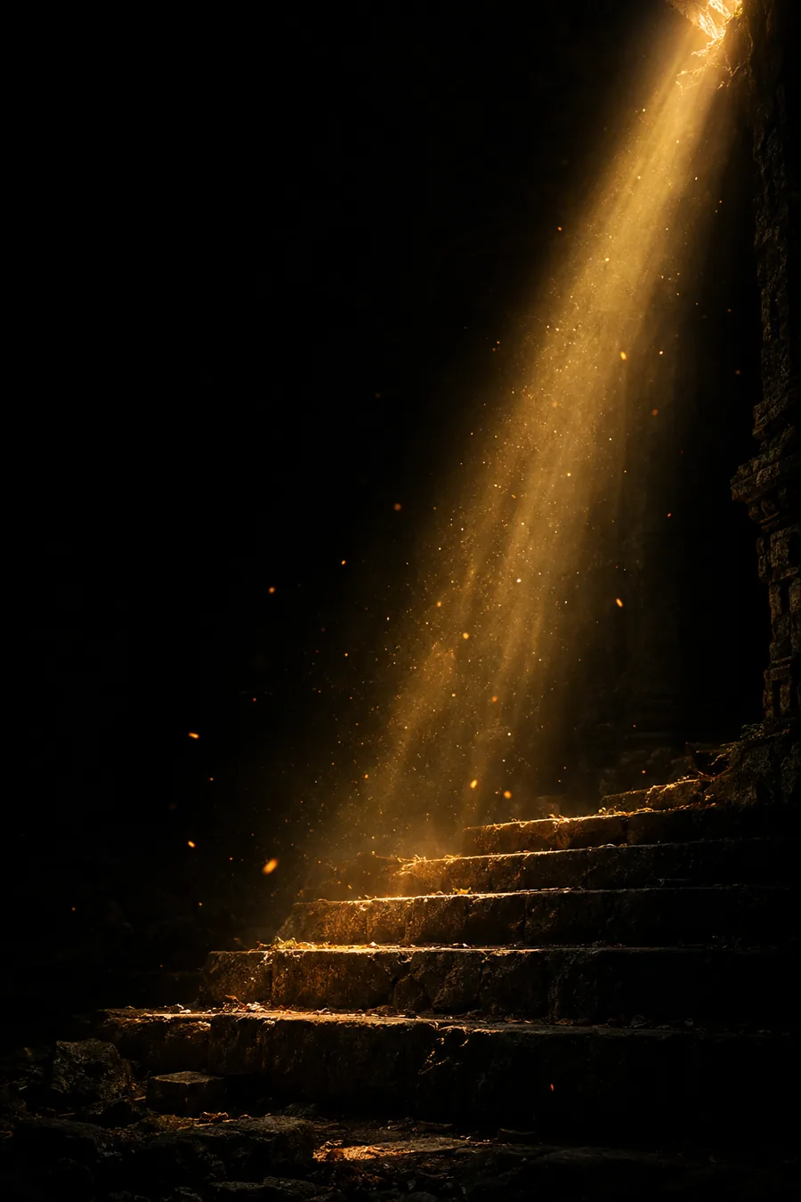 A shaft of golden light breaking through darkness onto ancient stone steps